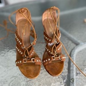 Aquazurra Cognac Suede Studded Gladiator Sandal 37.5